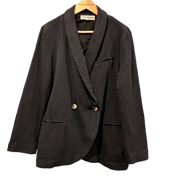 Free People Rowan Cotton Double Breasted Blazer, Black S - Picture 2 of 11